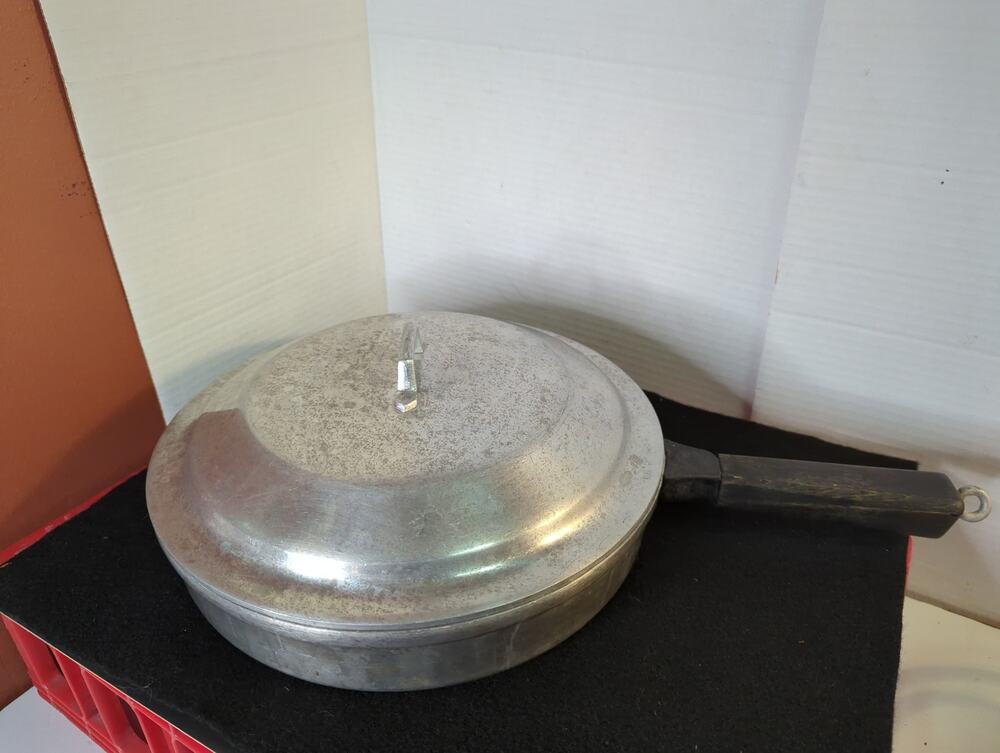 Vintage Aluminum Skillet Fry Pan with Matching Lid and Wood Handle
